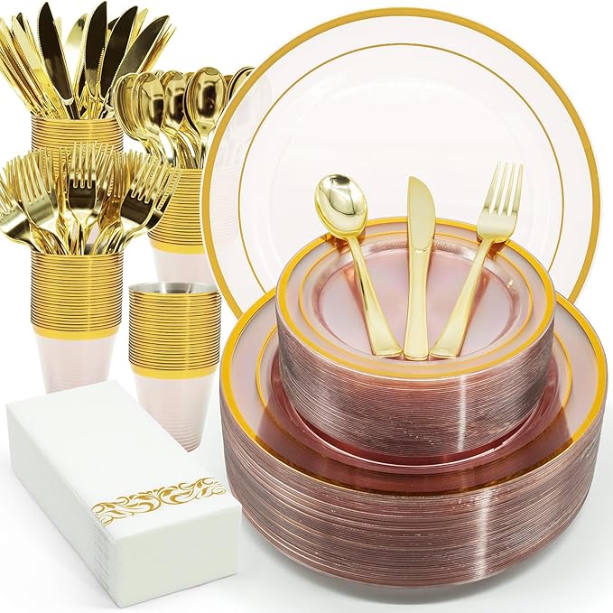 AIRE 175PCS Pink Gold Plastic Plates for Party Dinnerware Sets for 25 Guests, Disposable Plastic Party Supplies Plates, Cups, Spoons, Forks, Knives, Napkins for Wedding Birthday BBQ Christmas Parties