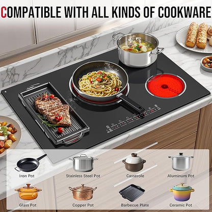 5 Burner Electric Cooktop, 36 Inch Electric Stovetop 9600W, Built-in Ceramic Hob with BBQ Burner, Touch Control, Child Safety Lock, Timer, Pause, 220-240V, Hard Wire, No Plug