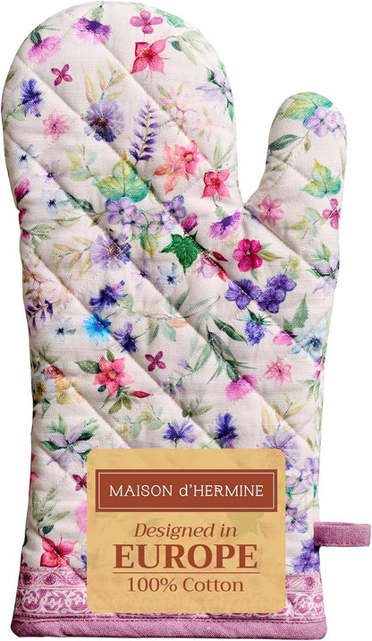 Maison d'Hermine Oven Gloves 100% Cotton Oven Mitt 7" x 13" with Loop Heat Resistant BBQ Cooking Gloves Baking Grilling Kitchen Hotel Home Farmhouse Spring Summer (Pack of 1, Chardon)