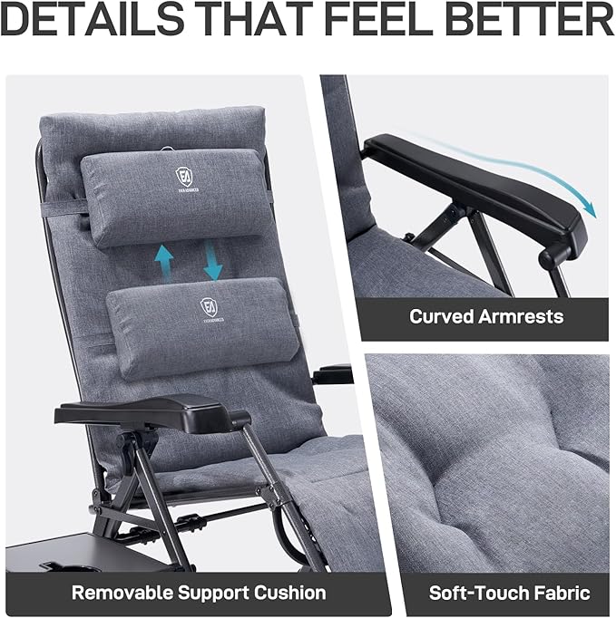 EVER ADVANCED Aluminum Zero Gravity Chair Oversized, Thick Padded Reclining Lounge Chair with Adjustable Headrest & Side Table, Heavy Duty Support 350 lbs, Foldable for Outdoor & Indoor, Gray-2 Pack