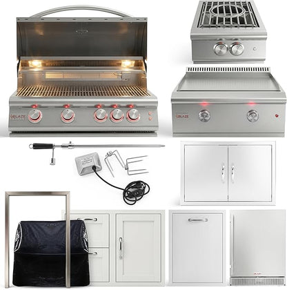 BLAZE BBQ Outdoor Grill Package1 of 32” LTE Built-in Natural Gas Grill, LTE Gas Griddle, Gas Power Burner, 32” Door & Two Drawers Combo, Trash Drawer, Refrigerator, and Accessories