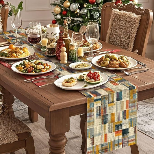 Stitched Plaid Table Runner,Dining Decor for Kitchen Coffee Table Family Dinners Holiday Parties Wedding Events Decor(13x72 inch)