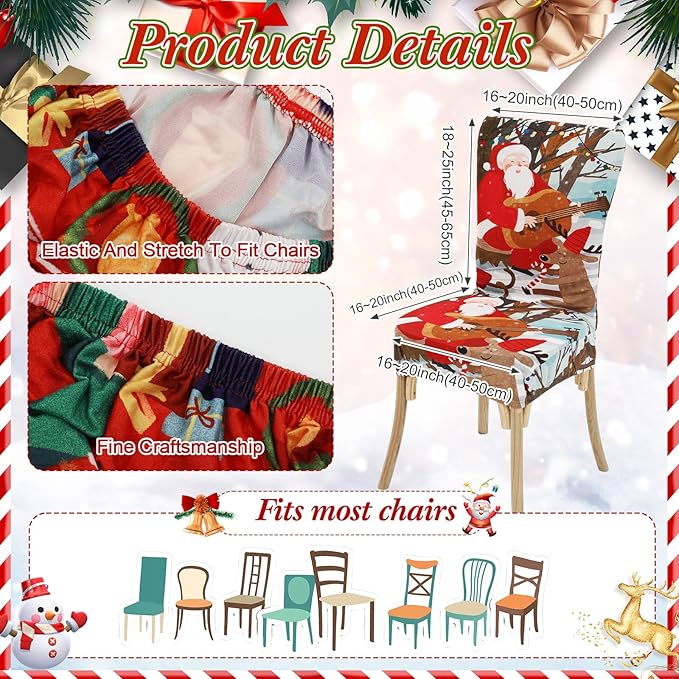 7 Pcs Christmas Tablecloth and Chair Covers Set Stretchable Washable Red Santa Holiday Table Cover and Seat Protector Slipcovers for Xmas Dining Room Kitchen Party (Rectangle,80 x 55 Inch)
