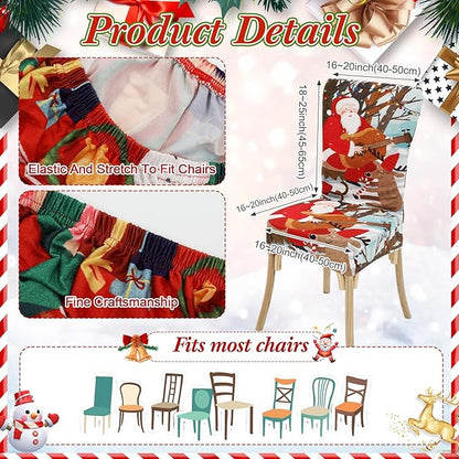 7 Pcs Christmas Tablecloth and Chair Covers Set Stretchable Washable Red Santa Holiday Table Cover and Seat Protector Slipcovers for Xmas Dining Room Kitchen Party (Rectangle,80 x 55 Inch)