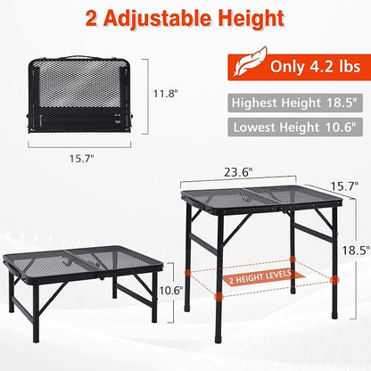 JOUYEK Camping Table, 2x1.3 FT Portable Folding Grill Table | Lightweight Height Adjustable Metal Tables with Mesh Desktop and Mesh Bag, Outdoor Tables for Camping, Picnic, Beach and BBQ