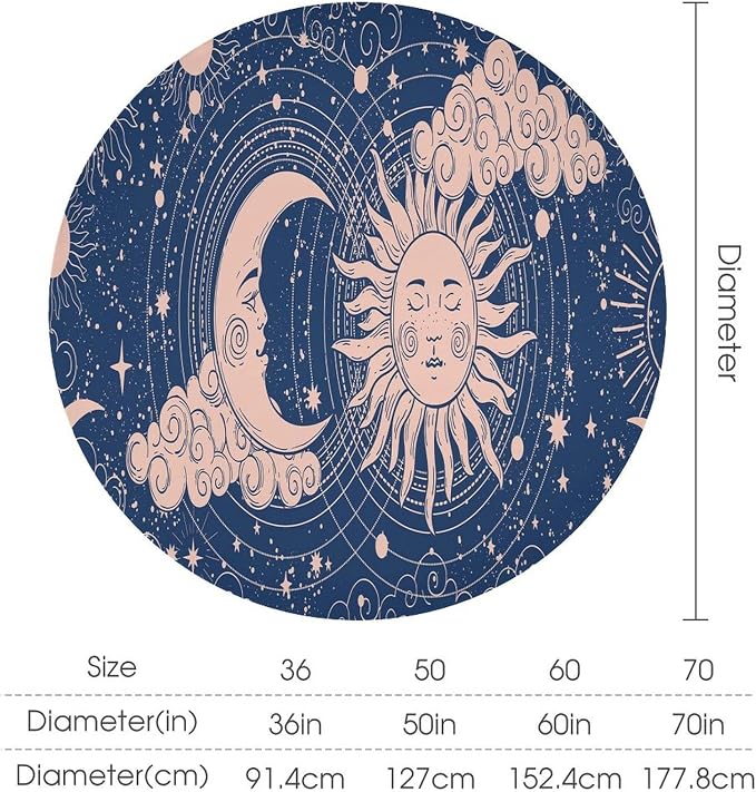 Moon Sun Round Tablecloth Vintage Boho Celestial Star Magical Galaxy Space Table Cloth Water Resistant Wipeable Table Cover for Farmhouse Picnic Party Holiday Kitchen Dinner Table 50"