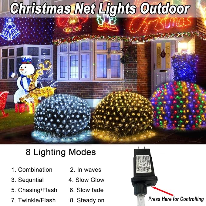 610 LED Christmas Net Lights, 34.5ft x 5ft Mesh Lights Outdoor with Timer & 8 Lighting Modes Clear Wire, Waterproof Connectable String Lights for Bushes Xmas Tree Garden Holiday Party - White