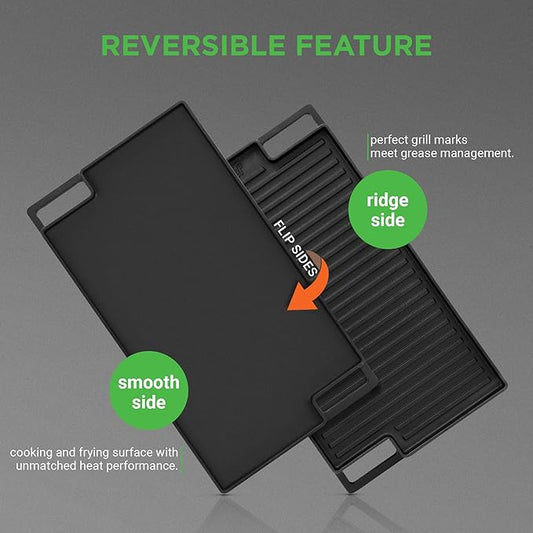 NutriChef Cast Iron Reversible Griddle 18x10 Inch – Pre-Seasoned Flat Top & Ridged Grill Side, Stove Top Griddle for Gas Grill, Outdoor & Indoor Cooking