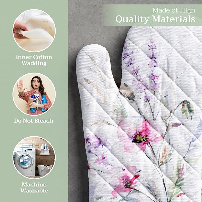 Maison d'Hermine Oven Gloves 100% Cotton Oven Mitt 7" x 13" with Loop Heat Resistant BBQ Cooking Gloves Baking Grilling Kitchen Hotel Home Farmhouse Spring Summer (Pack of 1, Summer Floral)