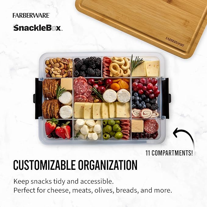 Farberware Build Snacklebox Serving Tray with Locking Bamboo Cutting Board Lid, Portable Storage Container with Compartments for Charcuterie, and More, Natural (Pack of 4)