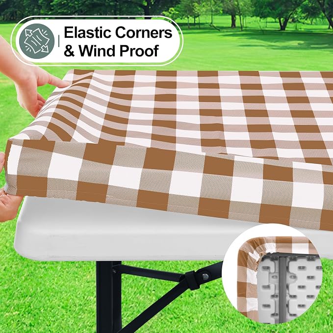 Buffalo Rectangle Picnic Tablecloth, 4 Foot Elastic Fitted Vinyl Table Cloth with Flannel Backing, Waterproof Plaid Table Covers for Dining, Camping, Outdoor (Brown and White, 24" x 48")