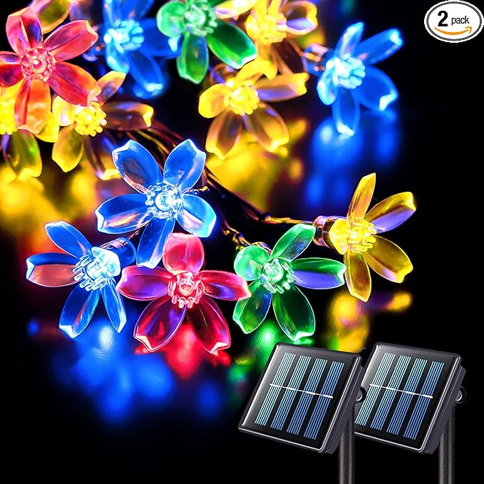 JMEXSUSS 2 Pack Solar String Lights Outdoor, Each 50LED, Flower, Multicolor | Outdoor Waterproof, 30.6ft, Cherry Blossoms, 8 Modes Christmas Lights for Garden Patio Yard Tree Party Decorations