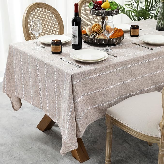 Chassic 60 x 120 inches Farmhouse Style Linen tablecloths, Wrinkle Resistant Washable Dining Room Table Cloths for 8 Foot Rectangle Tables - Light Coffee