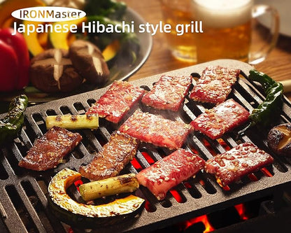 IronMaster Hibachi Grill Outdoor, Small Portable Charcoal Grill, Pre-Seasoned Cast Iron, Japanese Yakitori Camping Grill - 2 Heights, Air Control, Coal Door, Ideal for 2 People