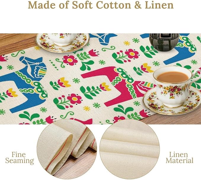 House Table Runner Swedish Art Horse and Flower,Cotton Linen Table Runner Decoration Kitchen Dining Table Runners for Indoor Outdoor Home Party Holiday Decor 13X36Inch