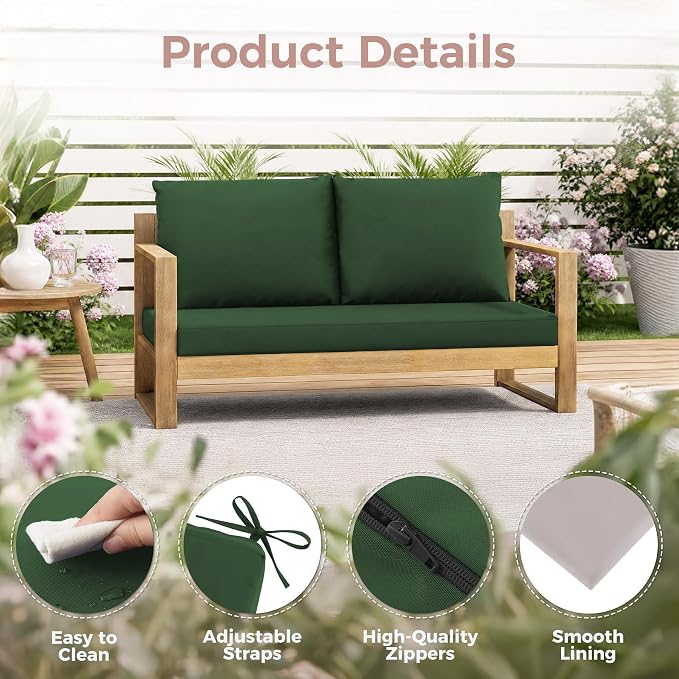 Outdoor Loveseat Cushions, 48×24×5 Inch, Waterproof, Forest Green | Patio Loveseat Cushions for Outdoor Furniture, Fade Resistant, Outdoor Bench Cushions, for Wicker Furniture, Swing, Couch