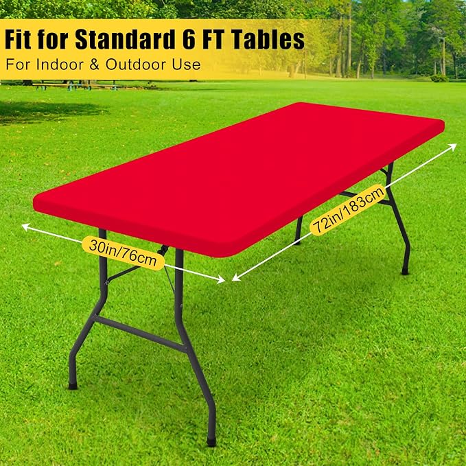 Smiry 2 Pack Rectangle Tablecloth, Elastic Fitted Flannel Backed Vinyl Tablecloths for 6ft Folding Tables, Waterproof Wipeable Table Covers for Outdoor, Indoor, Picnic and Camping (Red, 30"x72")