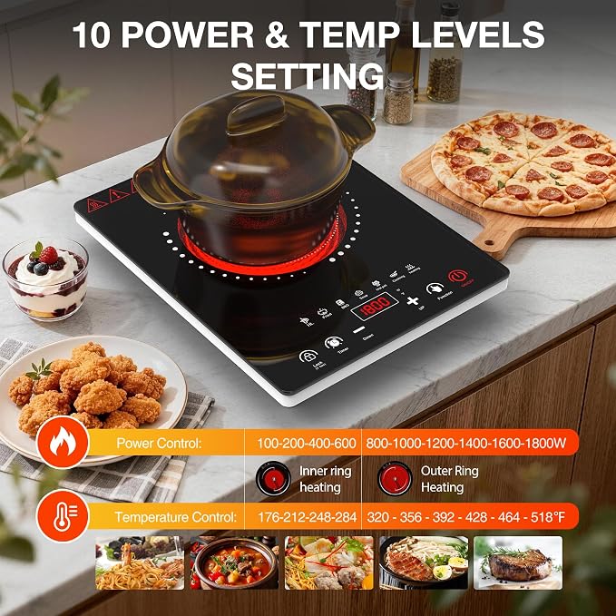 Portable Electric Cooktop GTKZW, 1800W Single Stove Burner Hot Plate with LED Touch Screen, for RV and Dorm