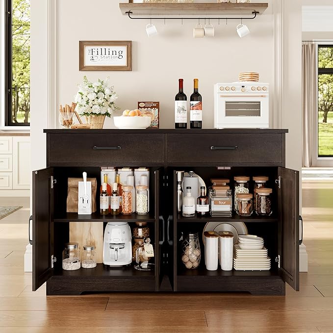 HOSTACK Buffet Cabinet with Storage, 47.2" Kitchen Sideboard Buffet with Drawers, Modern Farmhouse Coffee Bar Station with Shelves, Barn Doors Storage Cabinet for Living Room, Dark Brown