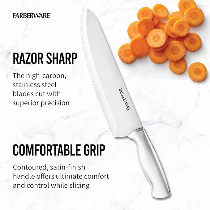 Farberware 15-Piece Kitchen Knife Set, High-Carbon Stainless Steel Blades with Wood Block, Steak Knives, Sharpening Tool & All-Purpose Shears, Razor Sharp, Ergonomic Stainless Steel Handles