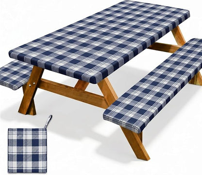 Picnic Table Cover with Bench Covers Windproof Waterproof Picnic Table Covers Camping Tablecloth with Self-Storage Bag, 96in, Blue