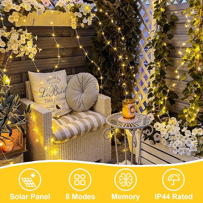 QITONG Warm White Solar Fairy Lights, 2 Pack Each 66ft 200 LED String Lights Outdoor, Silver Wire Solar Christmas Mini Lights