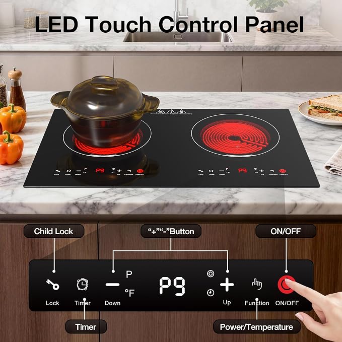 WABK 2 Burner Electric Cooktop 110V, 24 Inch Built-in & Countertop Ceramic Stove Top, 3000W Infrared Hot Plate for RV Apartment, Compatible with All Cookware, Child Lock & Timer