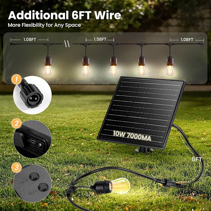 48FT Solar String Lights Outdoor Waterproof, 30 Super Bright LED Bulbs, USB Charging & Remote Control - Color Adjustable Solar Power Patio Lights, with Intelligent Assisted Positioning