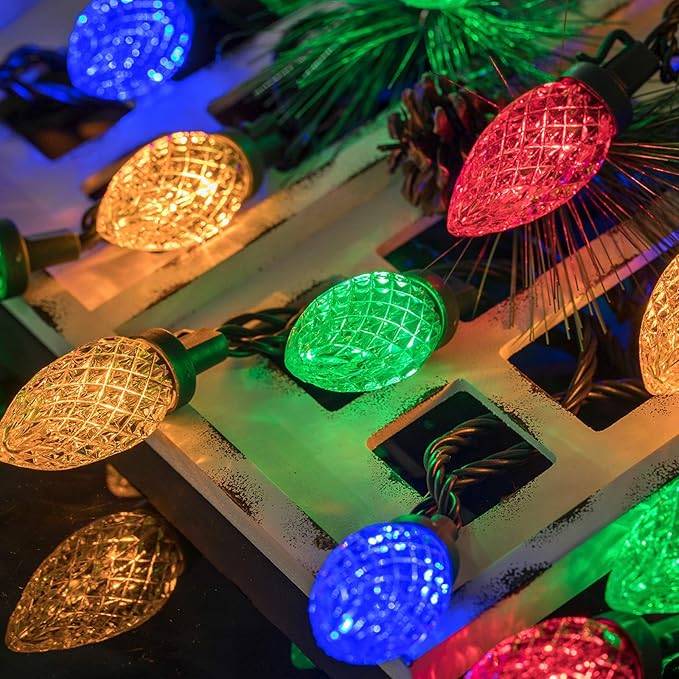 AWQ 50LED 49FT C9 Christmas String Lights Plug in Fairy Twinkle Multicolor | Christmas Lights Outdoor 8 Modes Timer Function Waterproof Extendable for Indoor Outdoor Wedding Party Christmas Decoration