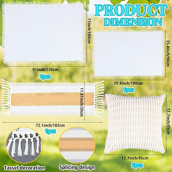 131 Pcs Picnic Kit Extra Large Outdoor Boho Blanket Wicker Picnic Basket Boho Tablecloth Table Runner 6 Throw Pillows Covers Gold Disposable Plates and Cutlery Set for Camp Wedding