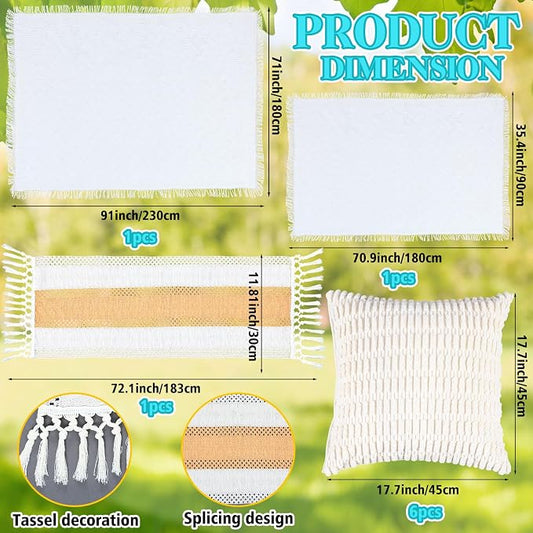 131 Pcs Picnic Kit Extra Large Outdoor Boho Blanket Wicker Picnic Basket Boho Tablecloth Table Runner 6 Throw Pillows Covers Gold Disposable Plates and Cutlery Set for Camp Wedding