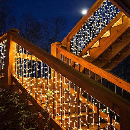 Eueasy Curtain Lights Outdoor, 300 LED Lights with 8 Lighting Modes. 15×3 FT Connectable, for Balconies, Fences, Stairs and Guardrails
