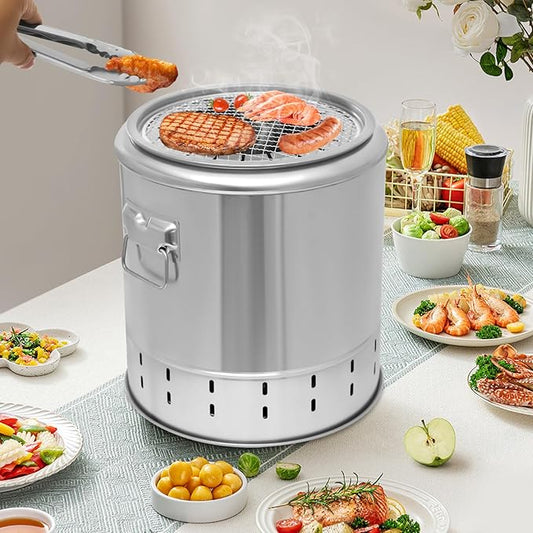 Large Portable Charcoal Grills Vertical Smoker Grill Mesh Barrel with Kabob Skewers Stainless Barbecue Roaster 360° Smokeless Outdoor BBQ Hanging Stove for Travel Camping (20 Skewers)