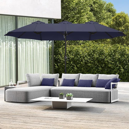ABCCANOPY 15FT Double-Sided Rectangle Patio Umbrella with Base, Navy Blue | Rectangular Outdoor Table Umbrella with Crank, Heavy Duty Market Umbrella Shade for Garden,Poolside, Lawn, Backyard