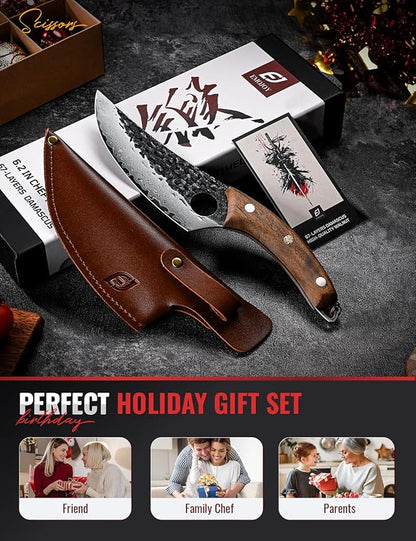 Emojoy Damascus Chef Knife, 67-Layer Damascus Steel Kitchen Knife with Black Hammered Finish, Japanese Knives for Home, Outdoor Cooking, BBQ, Include Gift Box, 6.3 Inch