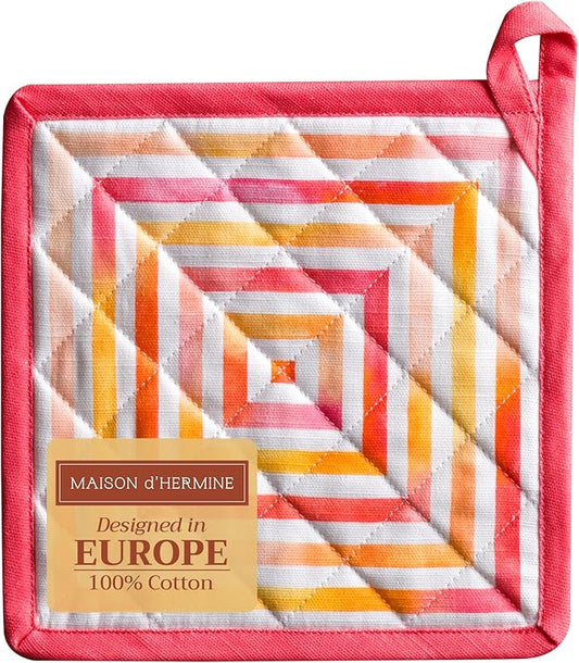 Maison d' Hermine Pot Holders 100% Cotton Heat Resistant Potholders 8" x 8" Hot Pads with Loop BBQ Cooking Baking Hotel Farmhouse Kitchen Handling Hot Pans Spring Summer (Pack of 1, Summer Maze)