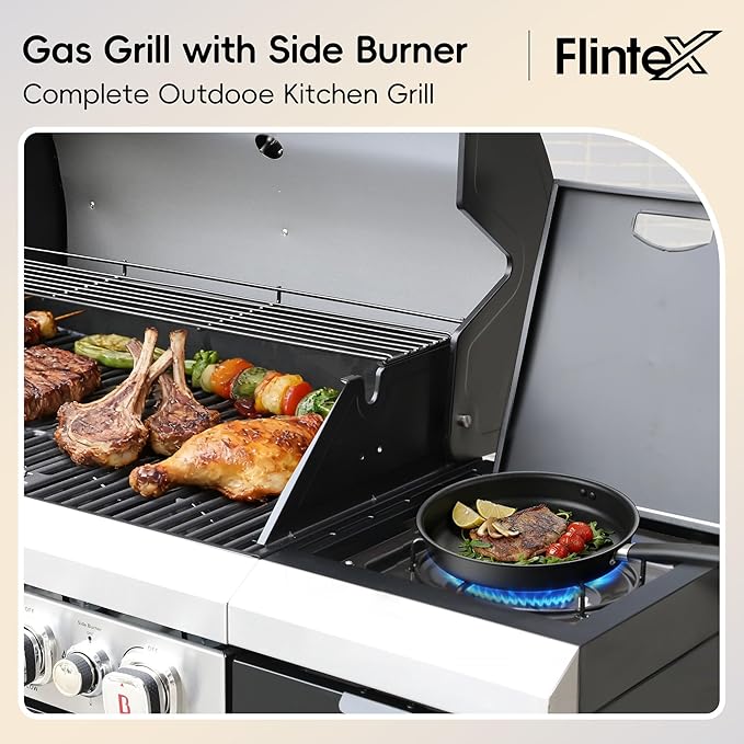 Flintex 4-Burner Propane Gas Kitchen Grill Island with Side Burner,44,000 BTU Stainless Steel BBQ Outdoor Griddle Grill Combo with LPG/NG Convertible and Storage Cabinets & Fold-out Table, Black