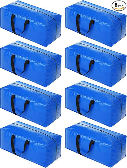 Heavy Duty Extra Large Blue Moving Bags with Strong Zipper Backpack Handles | 8 Pack Clothes Storage Bags Totes Space Saving Moving Boxes Bins Packing Bags for College Dorm Compatible with Ikea Frakta