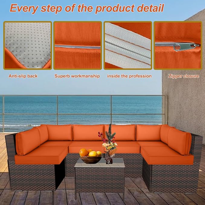 14 Piece Outdoor Patio Cushion Cover Replacement, Waterproof Patio Cushion Covers, Outdoor Furniture Cushion Covers Set for 6 Seat Wicker Rattan Sofa (Orange)