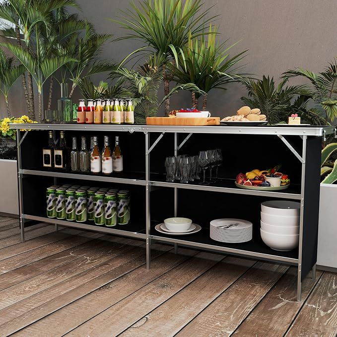 GIANTEX 81" Extra Long Portable Bar Table with 2-Tier Storage Shelves, Folding Mobile Bartending Station with Removable Skirt, Carry Case, for Events, Parties, Trade Shows (Black, 81''L x 32.5''H)