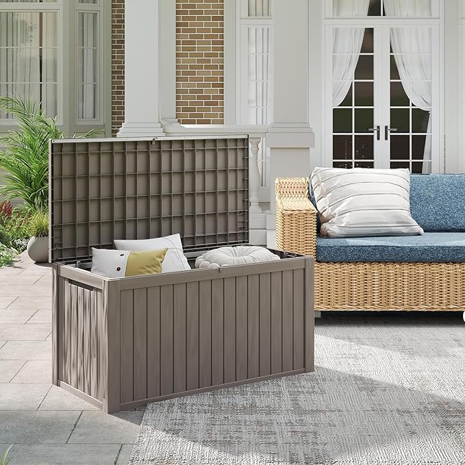 FEFLO 180 Gallon Waterproof Resin Outdoor Storage Box, Lockable & UV Resistant Patio Deck Boxes, Outside Storage for Patio Cushions, Pool Toys, Garden Tools & Package Delivery, Brown