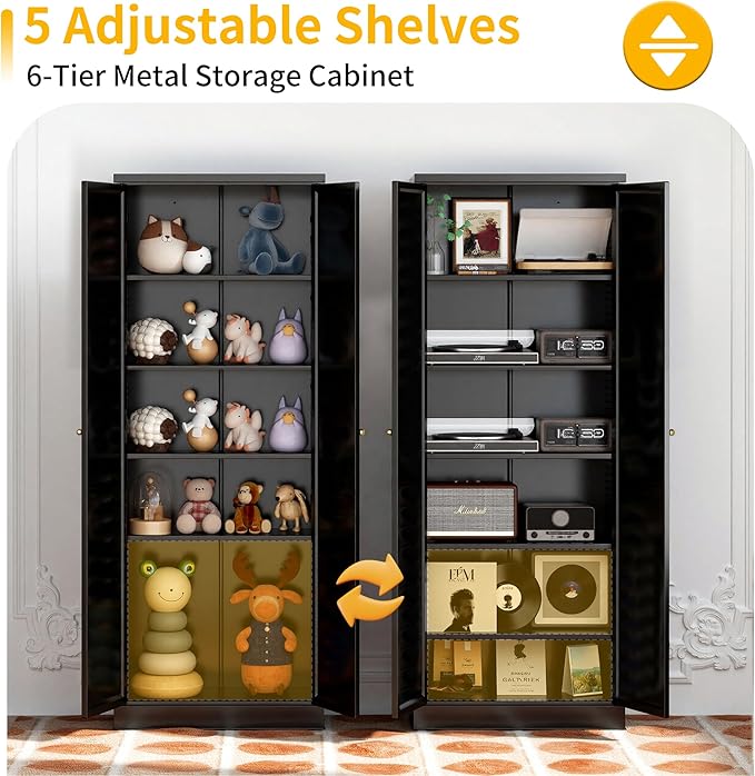 72" Metal Storage Cabinet, Large Capacity Pantry Cabinet with 6-Tier, Kitchen Storage Cabinet with 2 Doors and 5 Adjustable Shelves for Home, Kitchen, Dining, Living Room (Black)