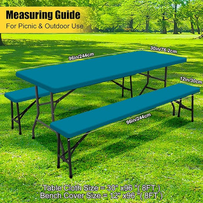 Smiry Picnic Table Cover with Bench Covers, Waterproof Elastic Fitted Polyester Tablecloths for 8 Ft Rectangle Tables, Washable Windproof Tablecloth for Camping, RV & Outdoor (Turquoise, 30x96 Inches)