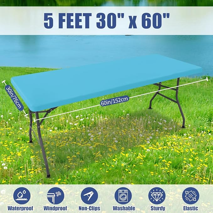 Moosfor 2 Pack Rectangle Spandex Fitted Table Cloth, 5FT Elastic Tablecloth | Washable Picnic Table Cover, Stretch Waterproof Table cloths for Party, Patio, Dining, Kitchen, 30" x 60", Blue Mist