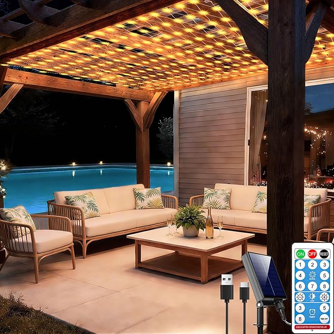 10ft x 10ft Solar Net Lights, 280LED Gazebo Mesh Lights Solar & USB Powered, Waterproof Netting Lights 8 Modes Clear Wire for Bushes Patio Garden Christmas Holiday Party Outdoor Decor (Warm White)