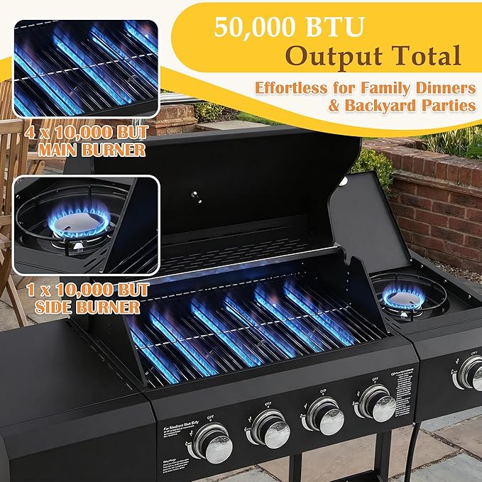 4-Burners Propane Gas BBQ Grill with Top Cover Lid&Side Burner, 50,000BTU Outdoor Gas Grill with Stainless Steel Grates, Storage Racks & Hooks for Patio Yard (Black without Door)