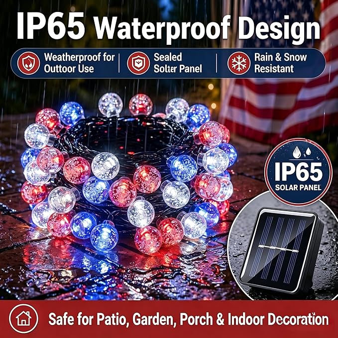 Patriotic Red White Blue Solar String Lights Outdoor Waterproof IP65 9.3ft 20 LED Crystal Globe for 4th of July, Patio Backyard Porch Party Decor Camping (Red White Blue)