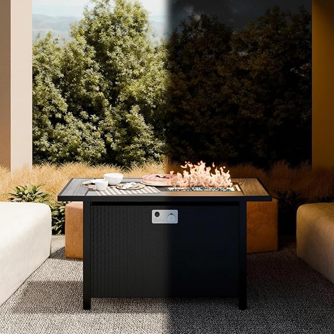 45 Inch Propane Fire Pit Table, 50,000 BTU Outdoor Gas Fire Pit for Patio & Backyard, 2-in-1 Firepit Dining Table with Glass Wind Guard, Blue Glass Rocks & Waterproof Cover