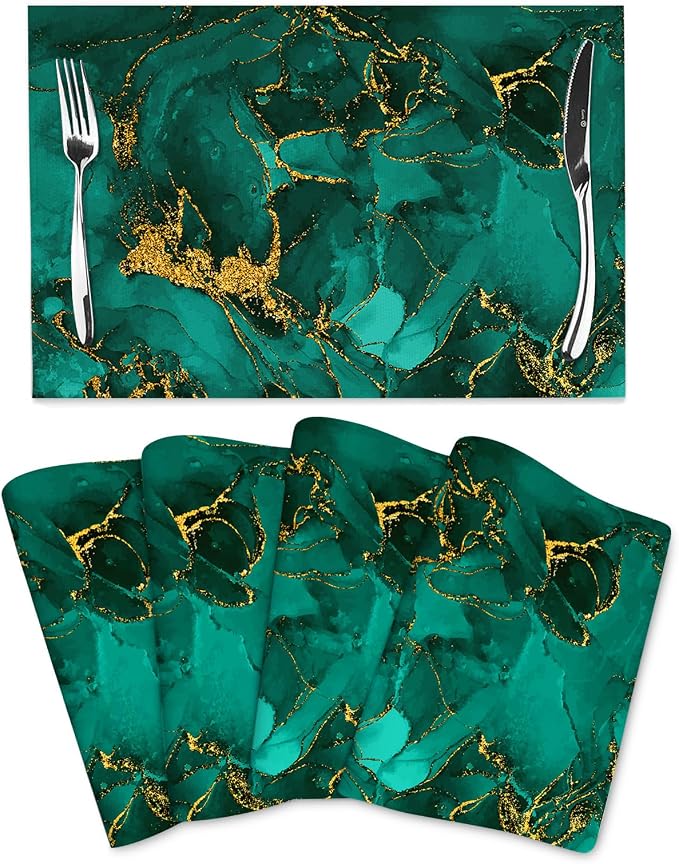 Turquoise Marble Placemats Set of 4, Emerald Dark Green Table Mats | Decorative Place Mats for Kitchen Holiday Party Modern Farmhouse Home Decor 12x18 Inch