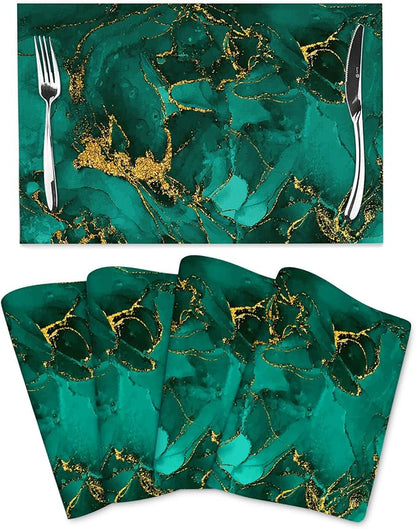 Turquoise Marble Placemats Set of 4, Emerald Dark Green Table Mats | Decorative Place Mats for Kitchen Holiday Party Modern Farmhouse Home Decor 12x18 Inch